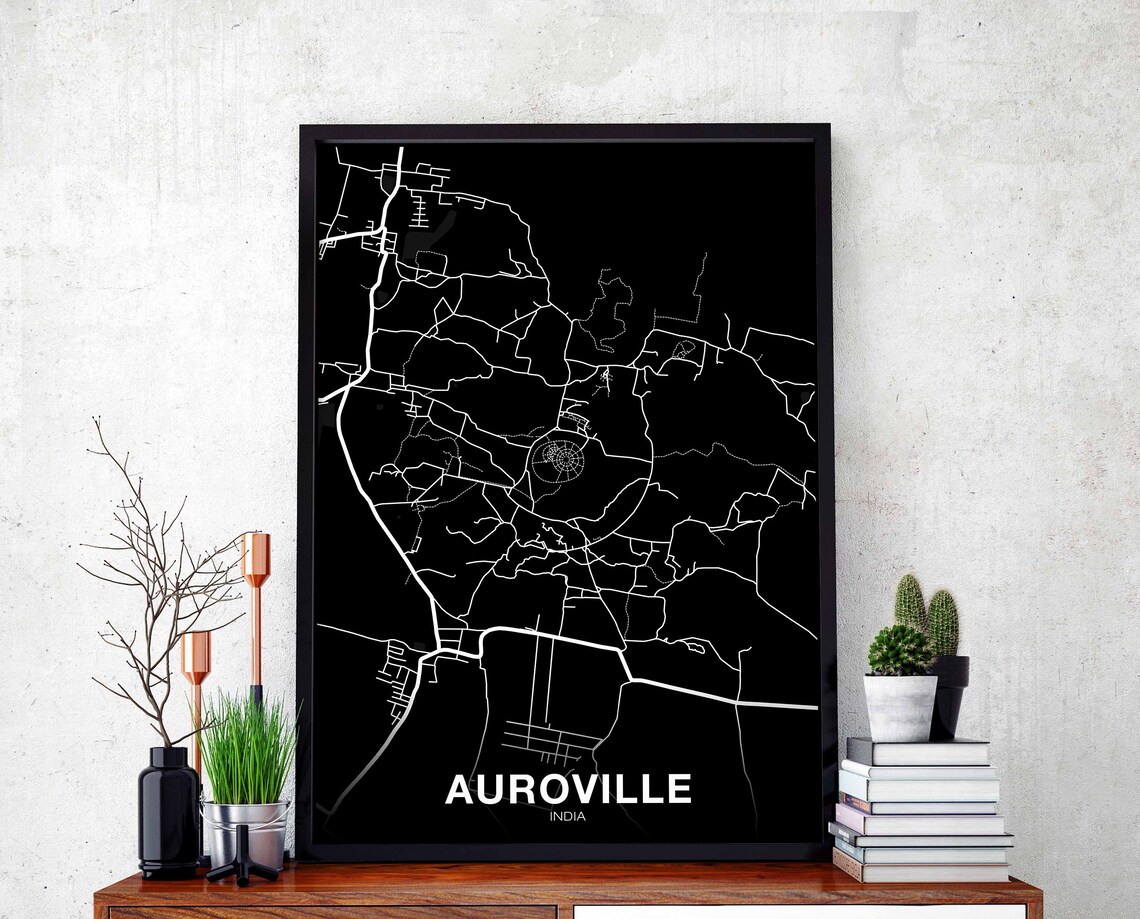 Auroville India City Street Map Black Line Art Night Wall Poster