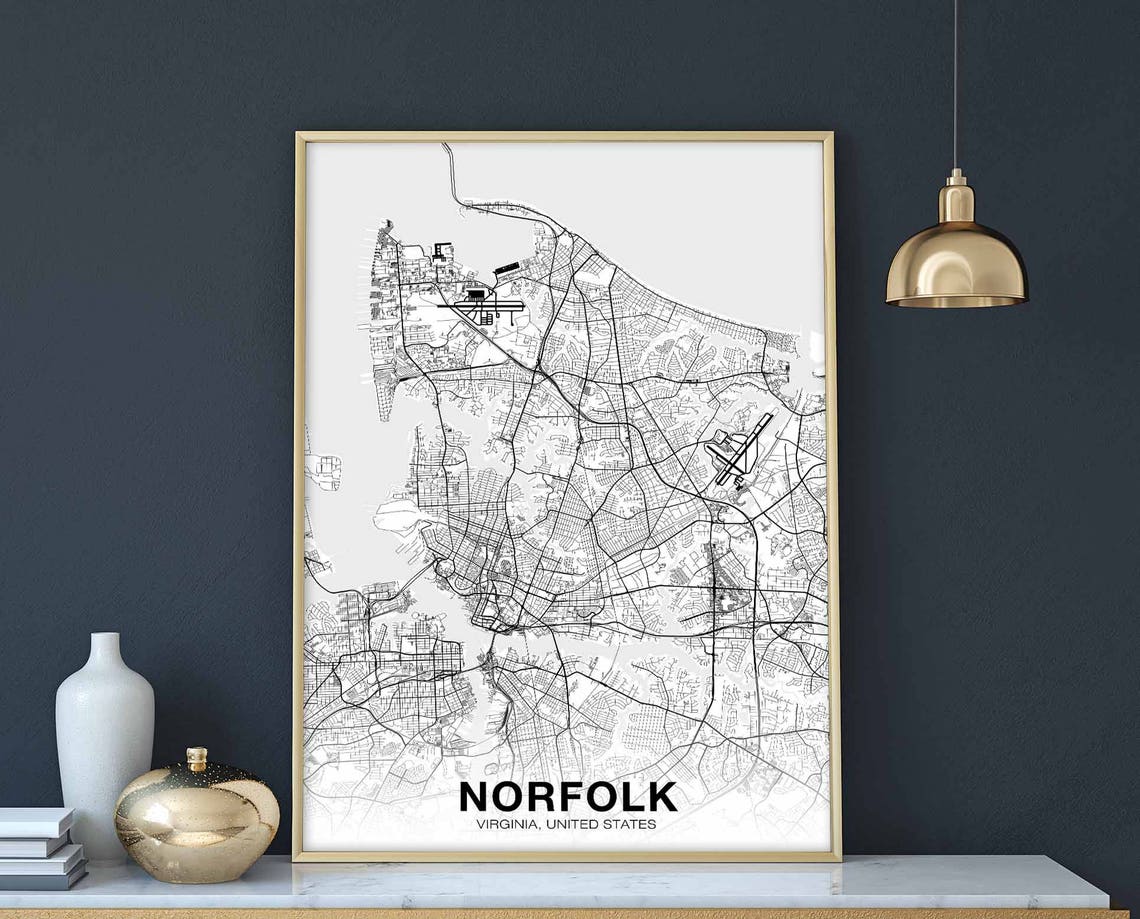 Norfolk Virginia Black White Minimal Modern City Street Map Poster