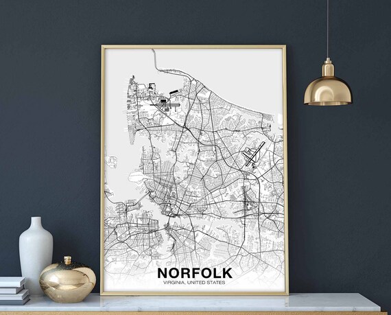 Norfolk Virginia Va Usa Map Poster Black White Hometown City Print Modern Home Decor Office Decoration Wall Art Dorm Bedroom Gift