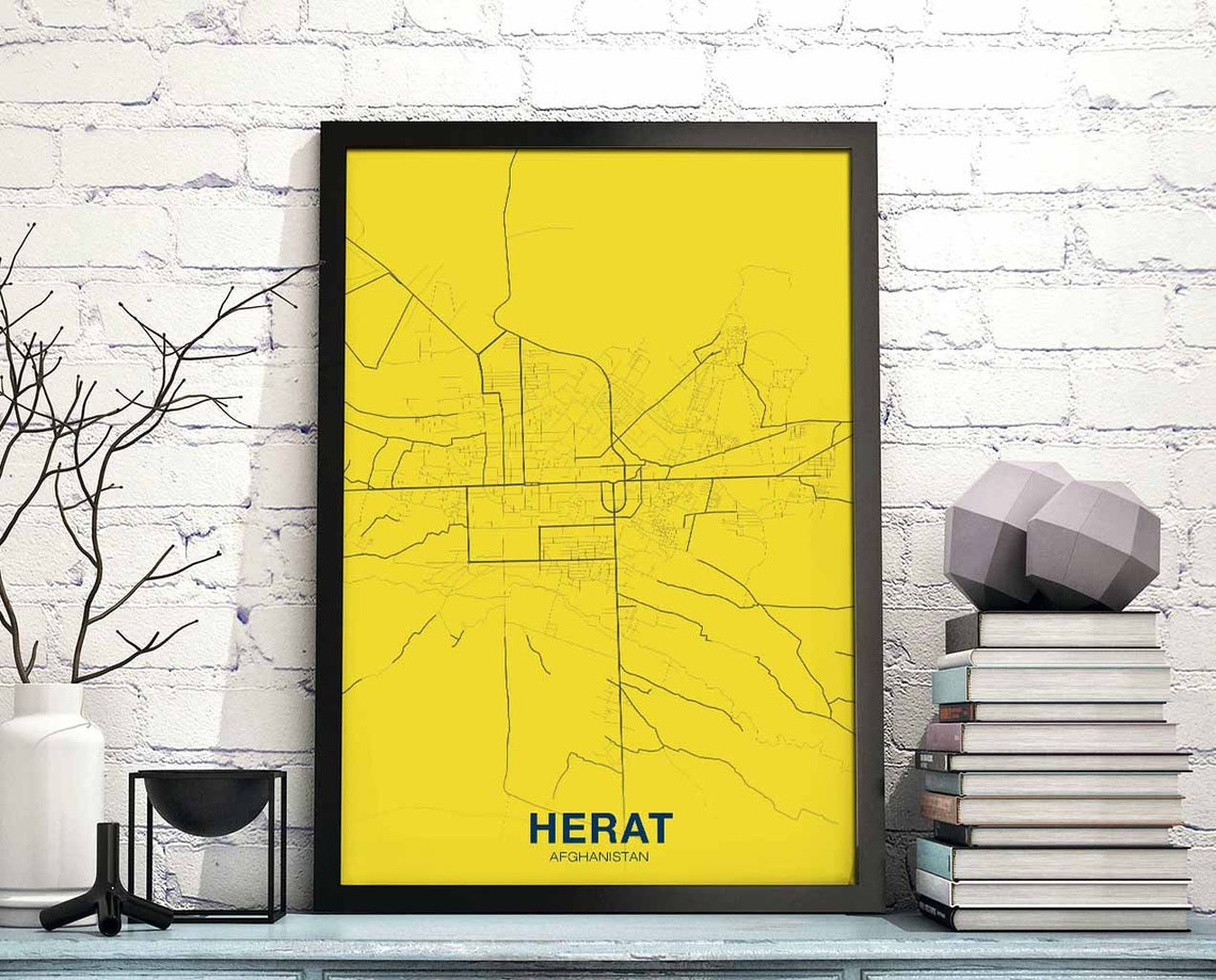Herat Afghanistan Yellow City Street Map Bold Modern Travel Poster