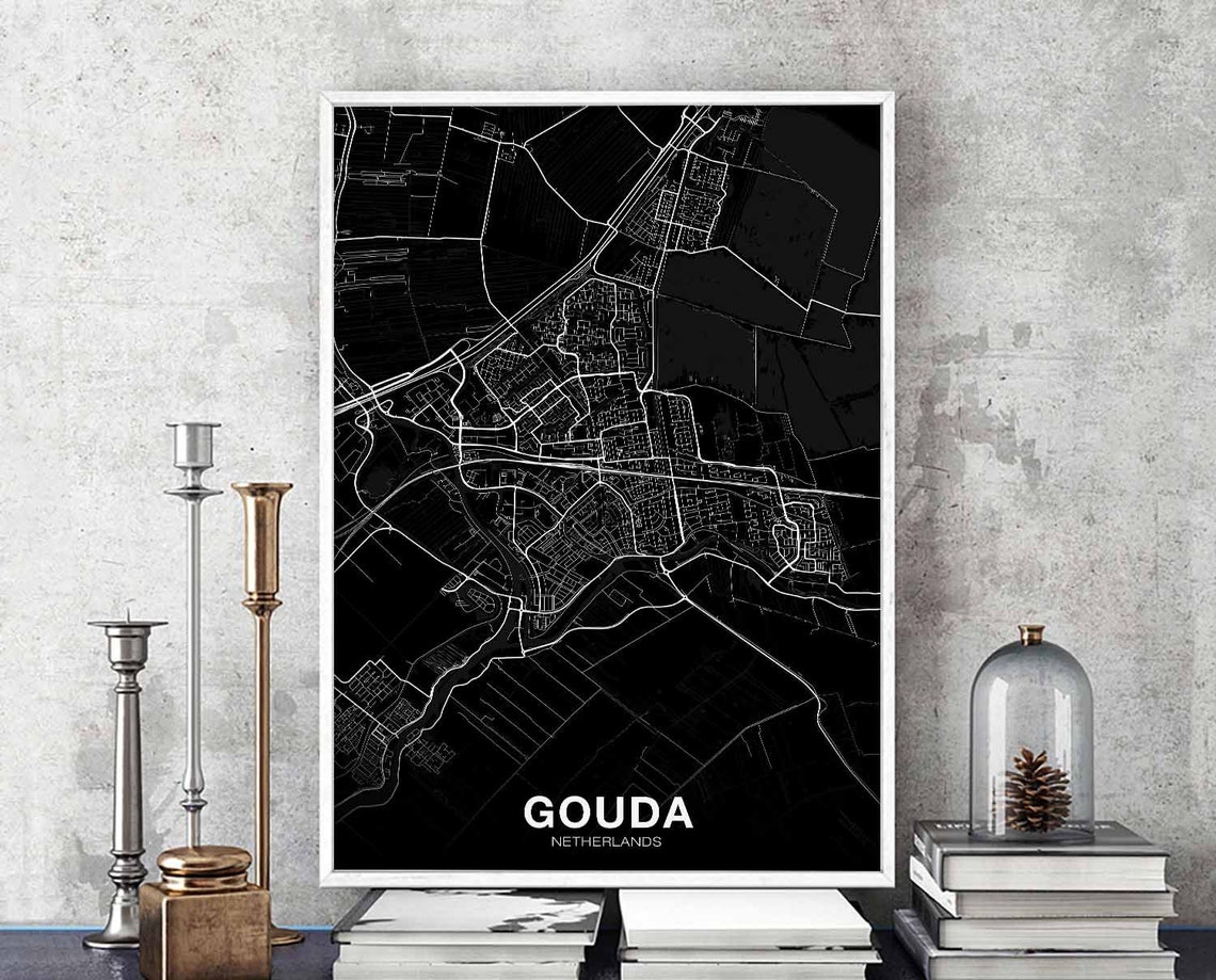 Gouda Netherlands City Street Map Black Minimalist Home Decor Poster