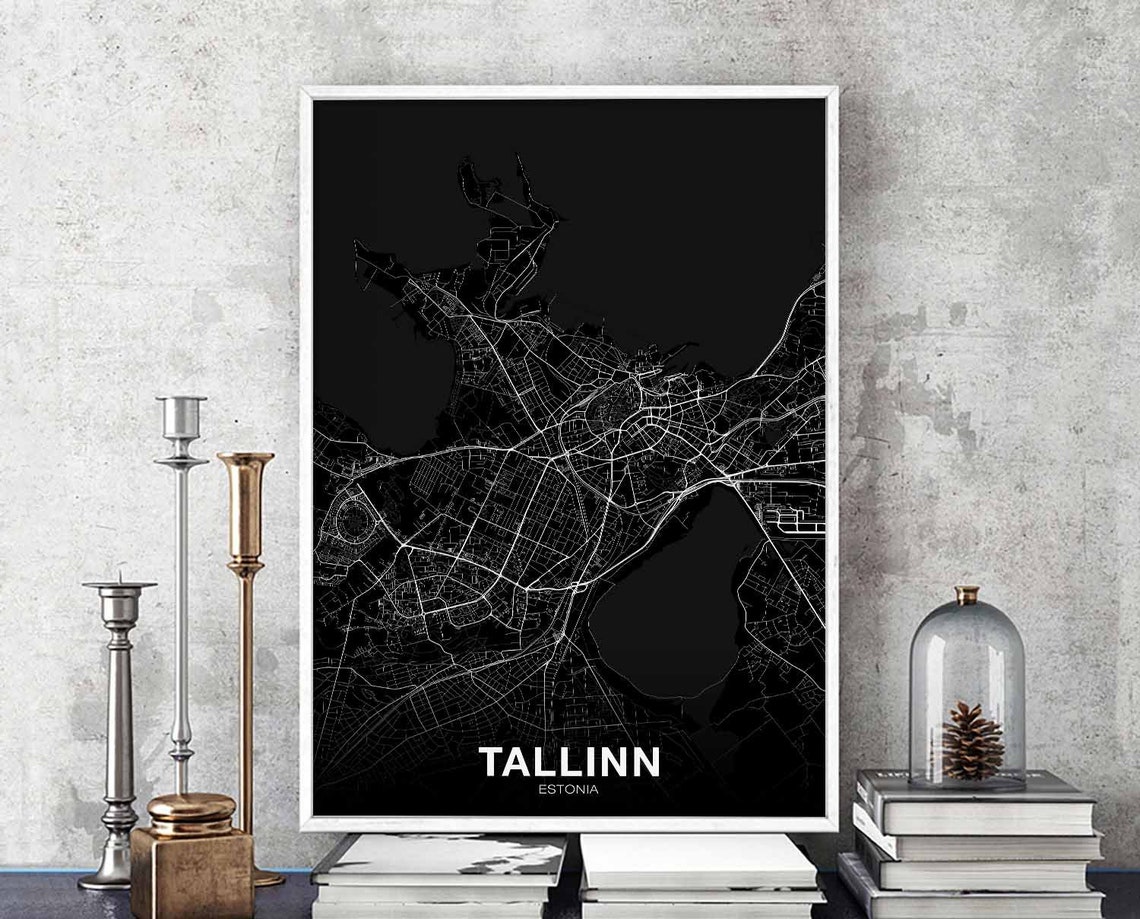 Tallinn Estonia Black City Street Map Minimalist Wall Art Decor