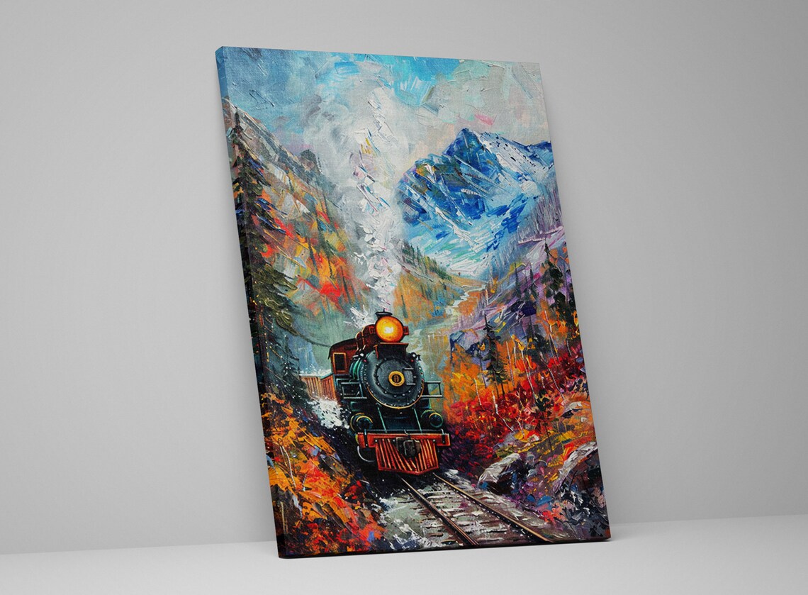 Nostalgic Train Station In Fall Mountains Giclee Print On Gallery Wrapped Artist Available In Extra Large Sizes - Image 5
