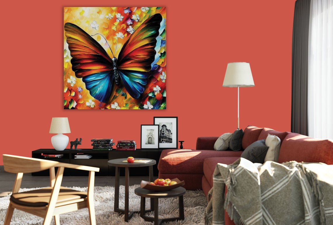 Butterfly Orange Blue Wings Floral Background Colorful Art Poster - Image 2