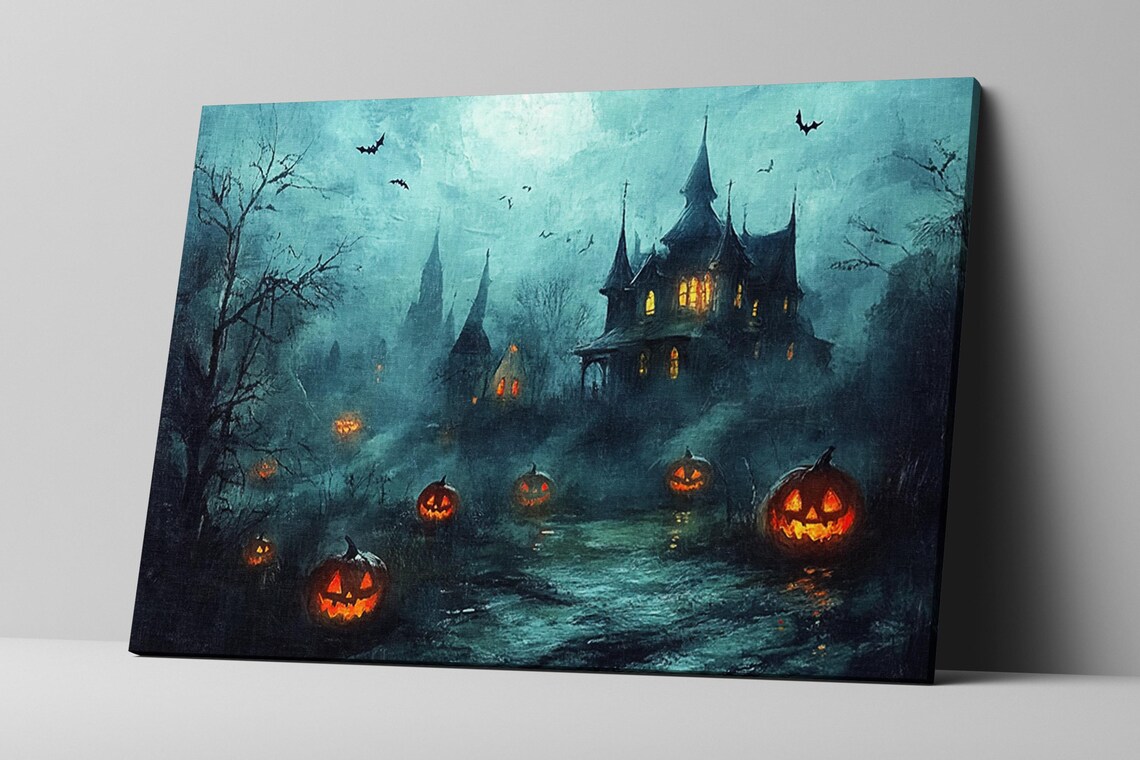 Spooky Haunted House Night Jack O Lanterns Moonlight Halloween Wall Art - Image 2