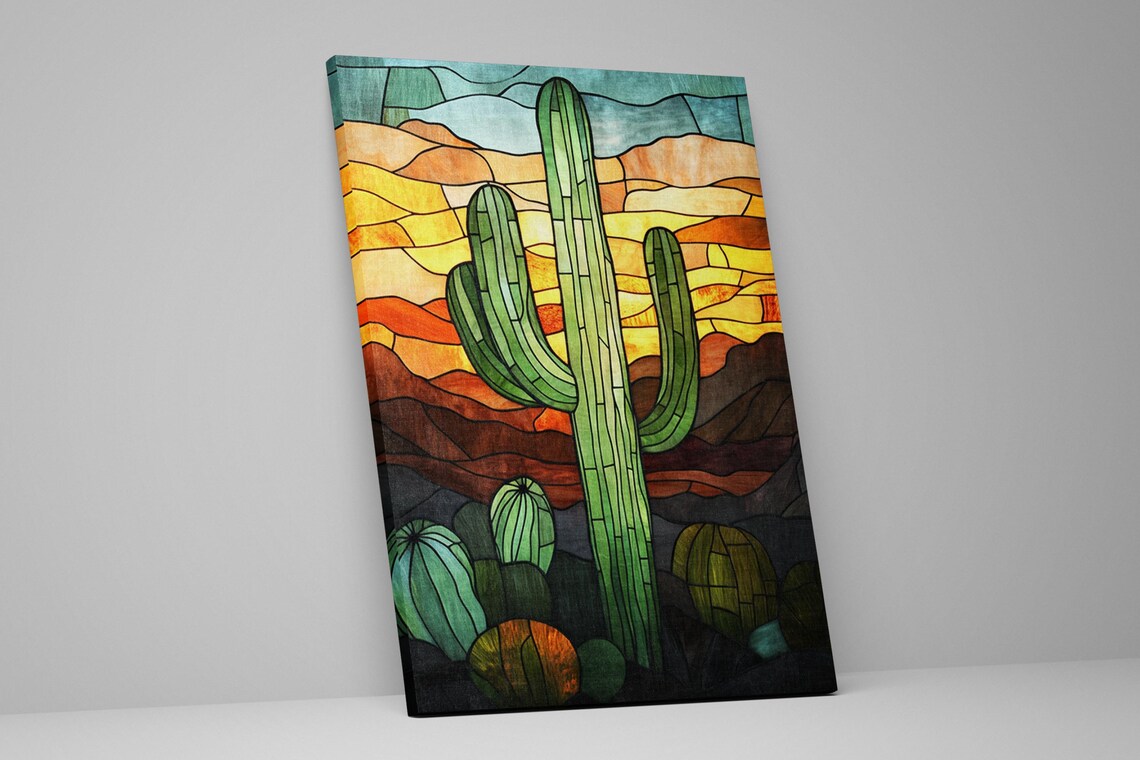 Stained Glass Lone Saguaro Cactus Wall Art Print - Image 2