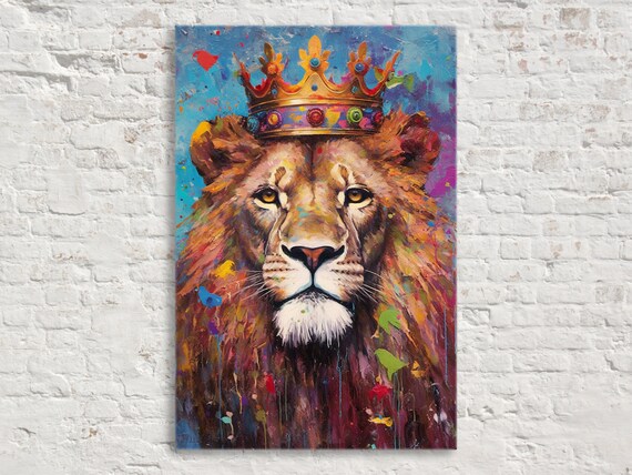 Golden Crown Lion Portrait Colorful Paint Drip Majesty Poster