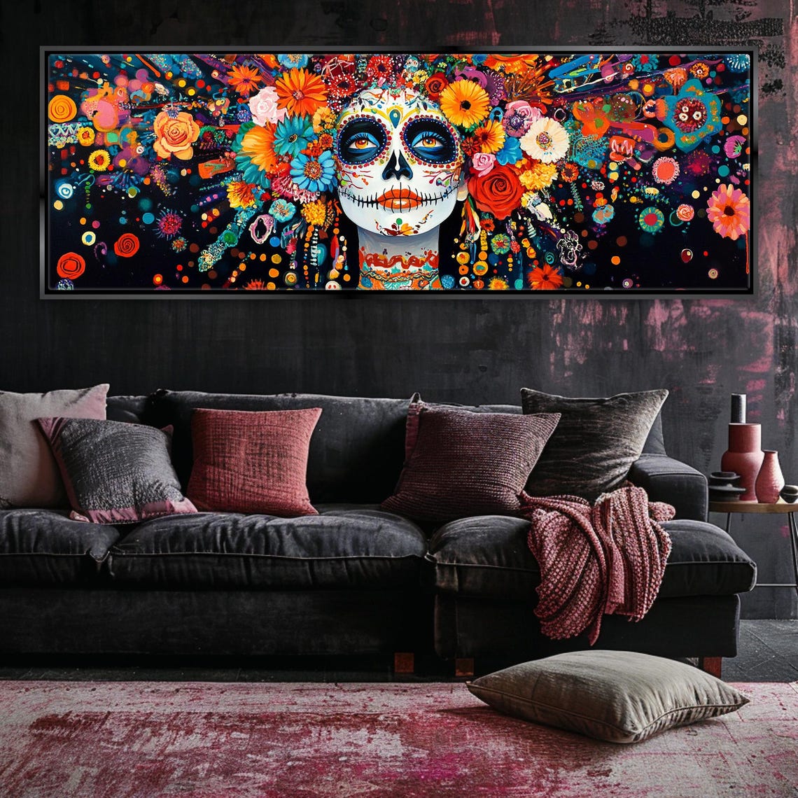 Panoramic Da De Los Muertos Latina Framed Or Unframed Long Horizontal Gallery Wrapped Gicle Ready To Hang Extra Large Wall Art - Image 3