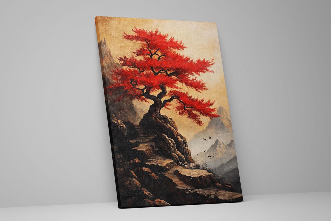 Red Japanese Maple Tree On Rocky Cliff Misty Mountains Autumn Art - Image 2