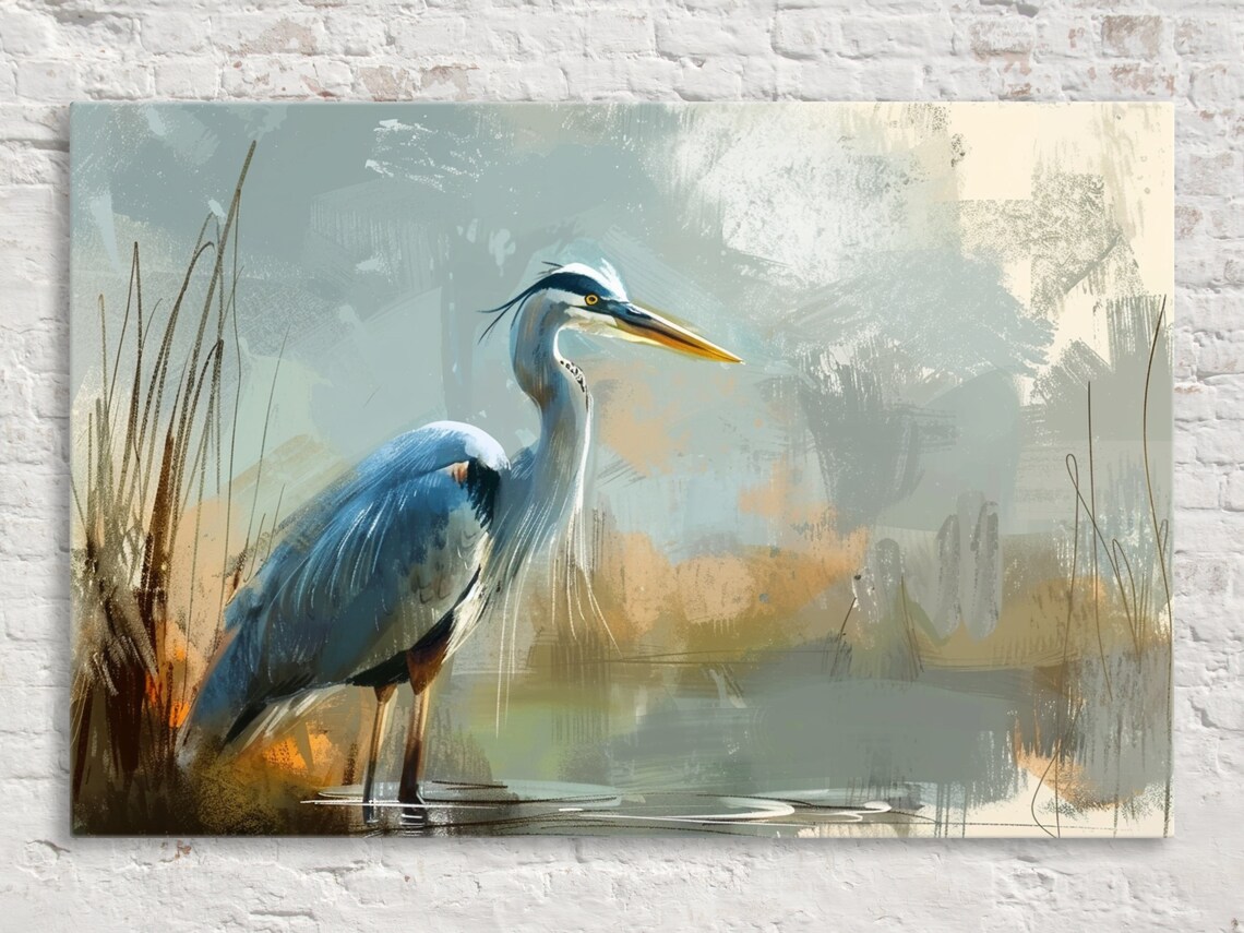 Blue Heron Pond Scene Art Print, Tranquility Blue