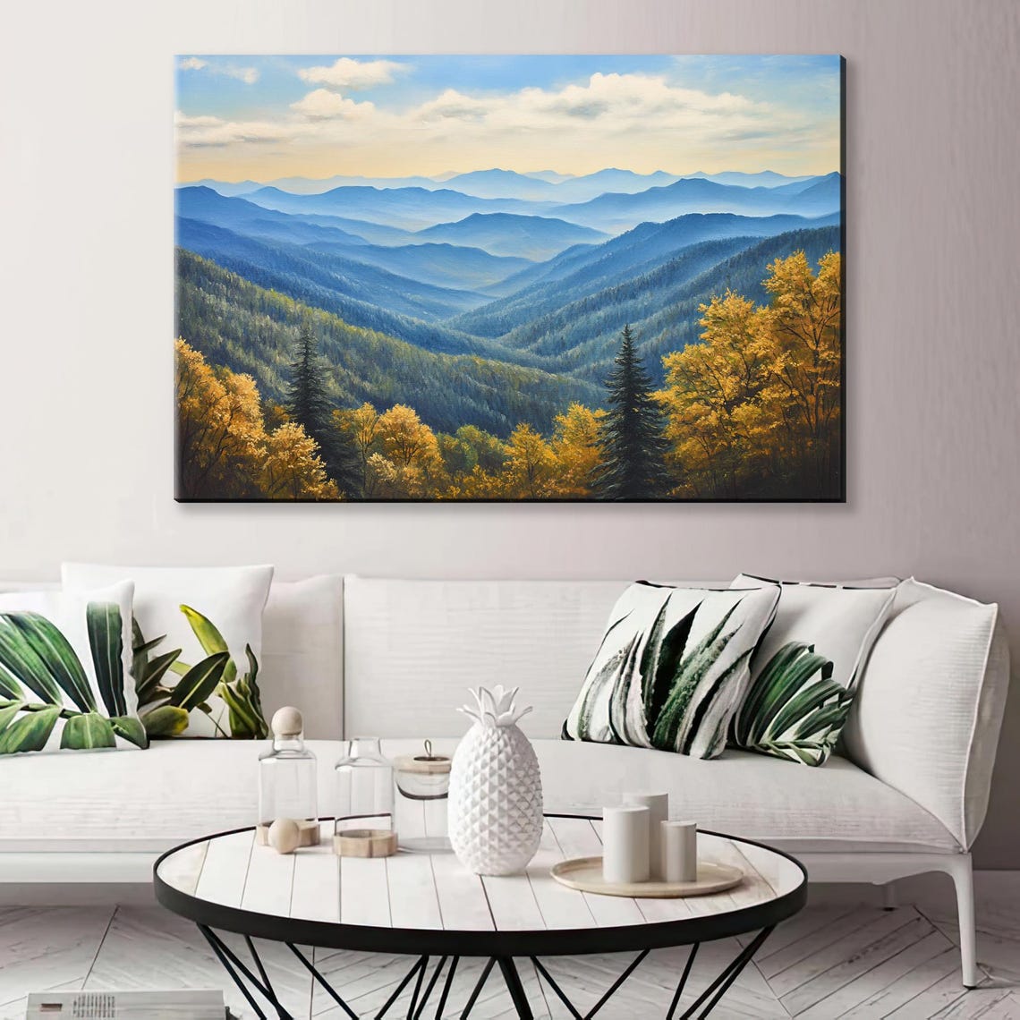 Smoky Mountains Fall Landscape Golden Autumn Blue Misty Peaks Print - Image 3