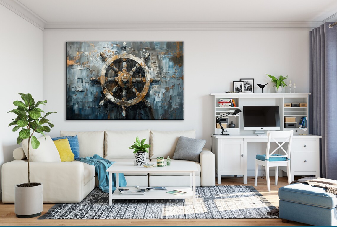 Antique Ships Wheel Blue Gray Gold Impasto Nautical Maritime Poster - Image 2