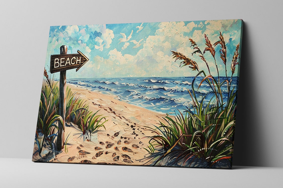 Beach Sign Post Sandy Dunes Seagulls Ocean Waves Coastal Poster - Image 5