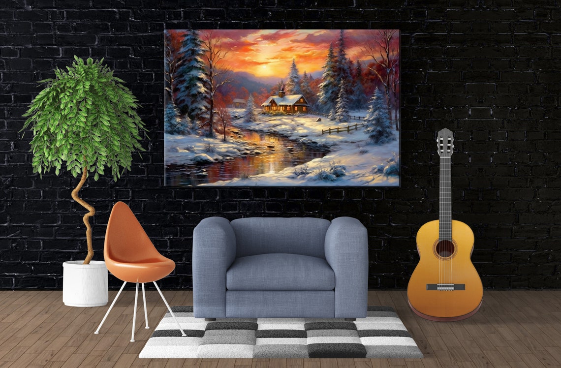 Winter Cabin Sunset Snowy Pines Stream Glowing Windows Cozy Art Print - Image 4