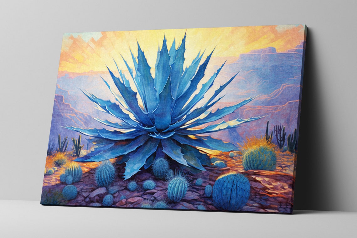 Vivid Blue Agave With Barrel Cacti Desert Art Southwest Sunset Giclee Print On Artist Extra Large Sizes - Image 5