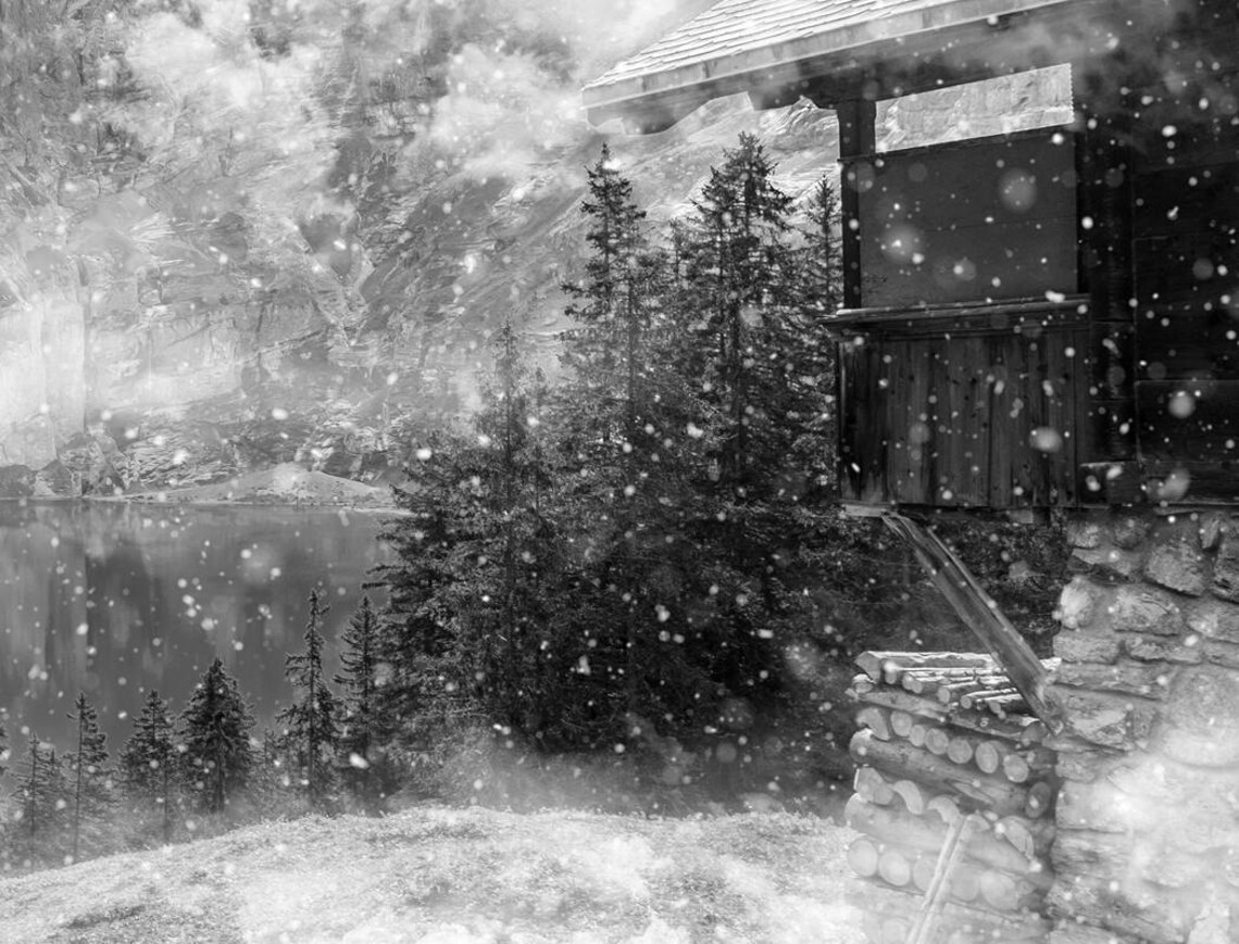 Snowy Mountain Lake Cabin Winter Black White Vintage Photo Art Poster - Image 3