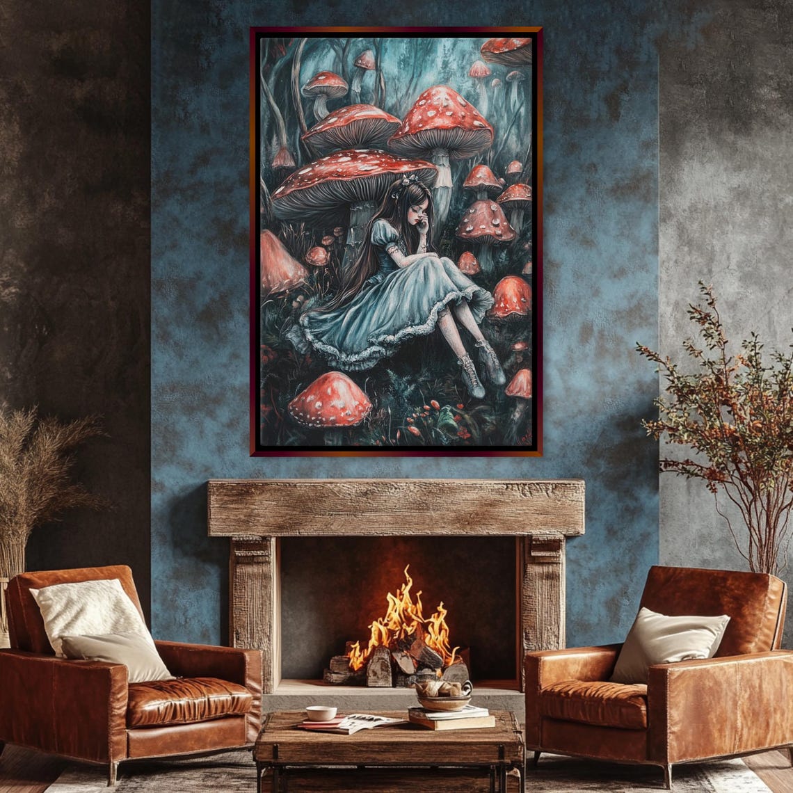 Gothic Alice Among Giant Red Mushrooms Dark Fantasy Fairy Tale Poster