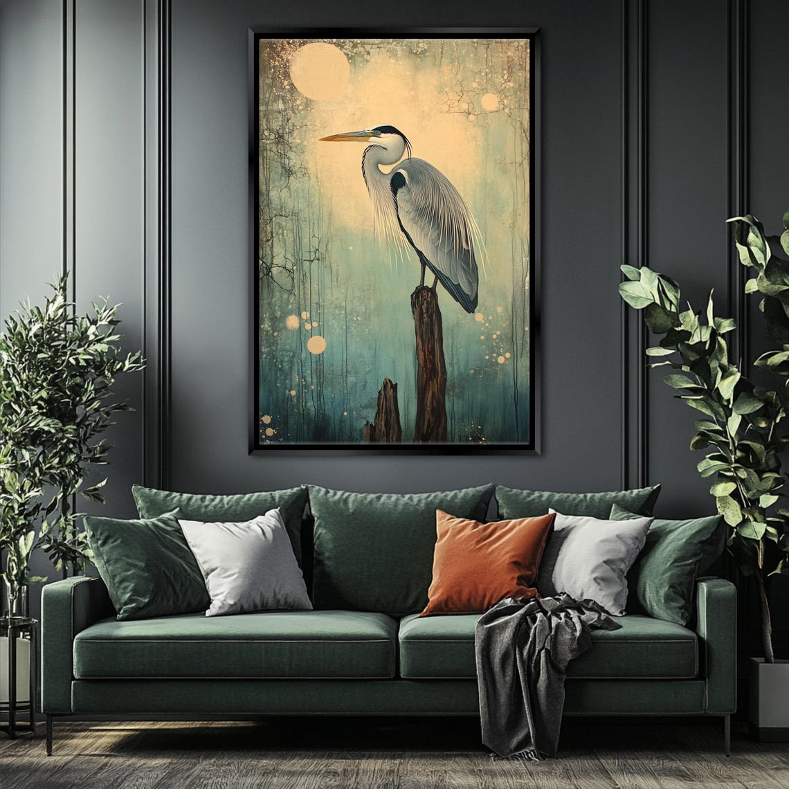 Great Blue Heron On Post Full Moon Vintage Muted Teal Bird Art Poster - Image 4