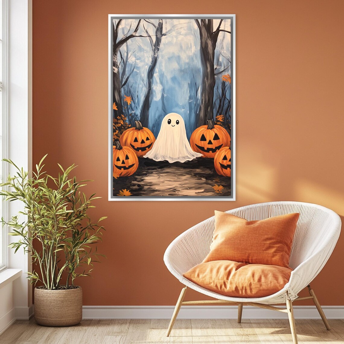 Adorable Ghost Among Glowing Jack O Lanterns In Foggy Halloween Woods Poster - Image 4