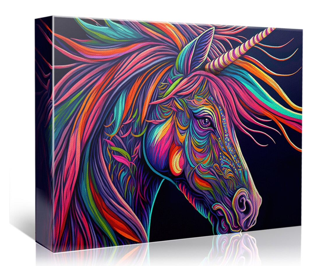 Neon Psychedelic Unicorn Head Dark Background Magical Horse Art Poster - Image 4