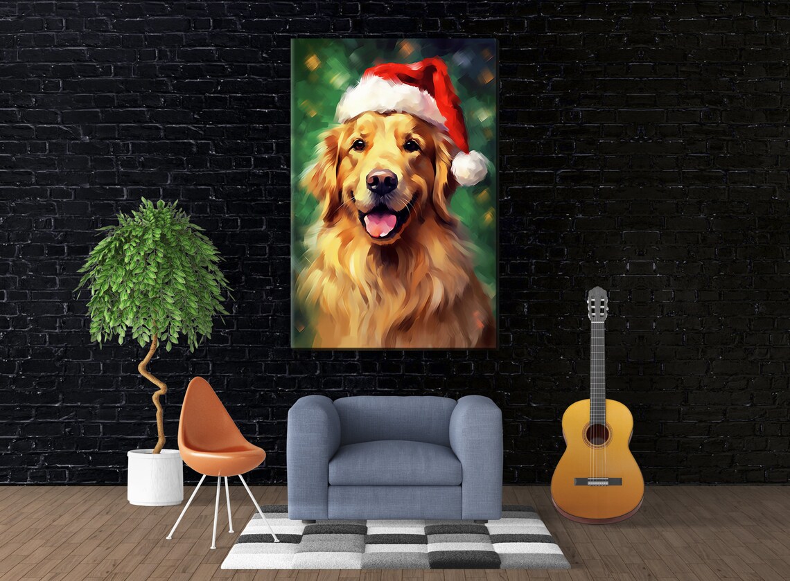 Golden Retriever in Santa Hat Christmas Art Print - Image 4