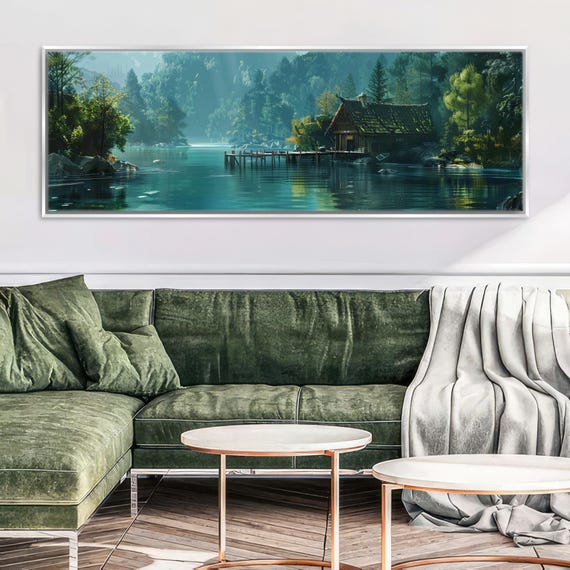 Panoramic Cozy Lakehouse Scene Cabin Decor Framed Unframed Long Horizontal Gallery Wrapped Ready To Hang Extra Large Wall Art