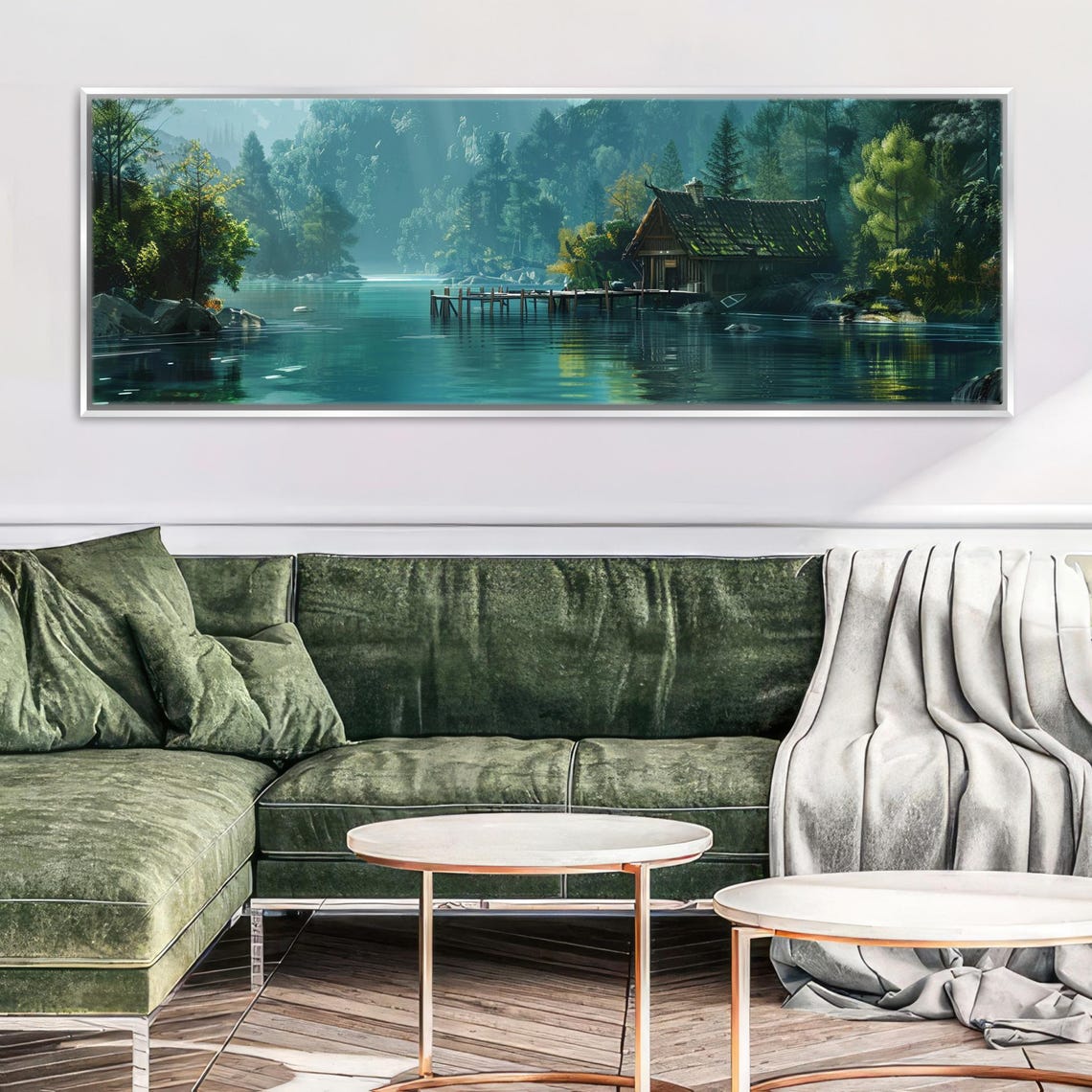 Panoramic Cozy Lakehouse Scene Cabin Decor Framed Unframed Long Horizontal Gallery Wrapped Ready To Hang Extra Large Wall Art