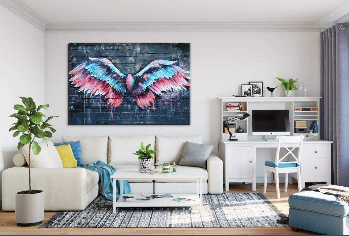 Graffiti Angel Wings Dark Brick Wall Blue Pink Street Art Poster - Image 3