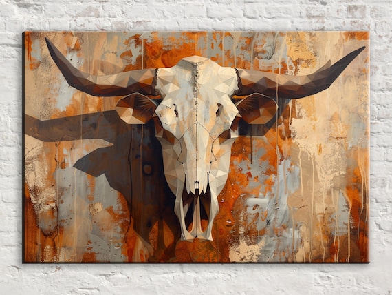 Geometric Longhorn Skull Rustic Orange Gray Distressed Western Poster