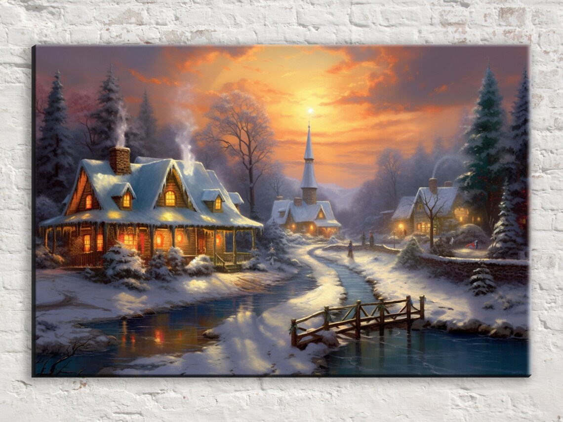 Snowy Village Church Glowing Cottage Winter Sunset Cozy Painting Print