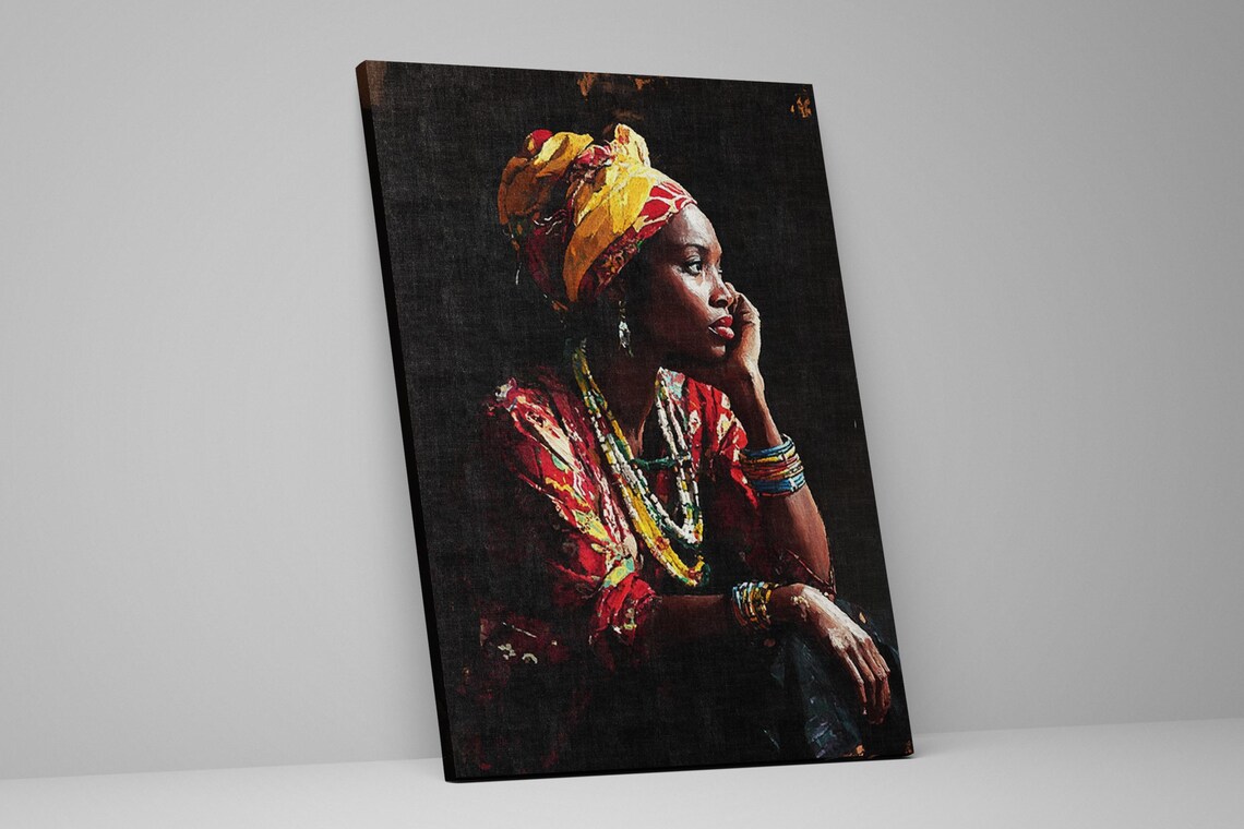 African Woman With Colorful Headwrap Painted Portrait Wall Art Poster - Image 2