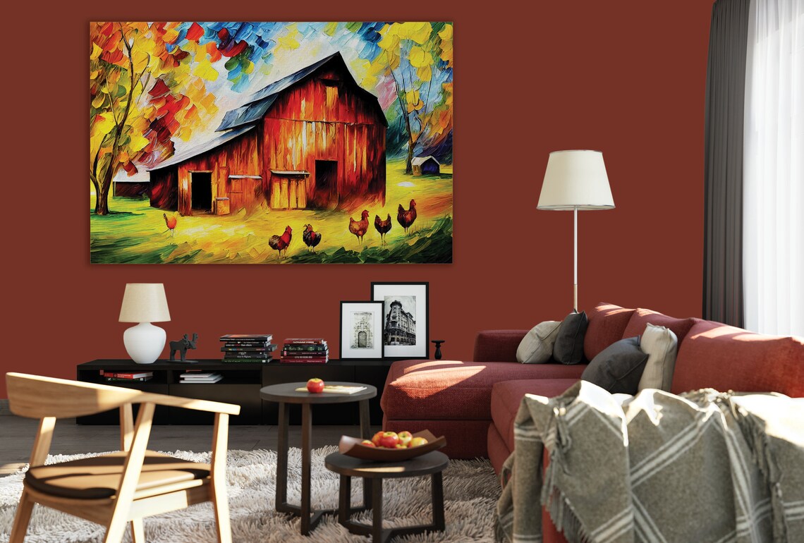 Red Barn Autumn Chickens Farmyard Colorful Oil Painting Art Poster - Image 3
