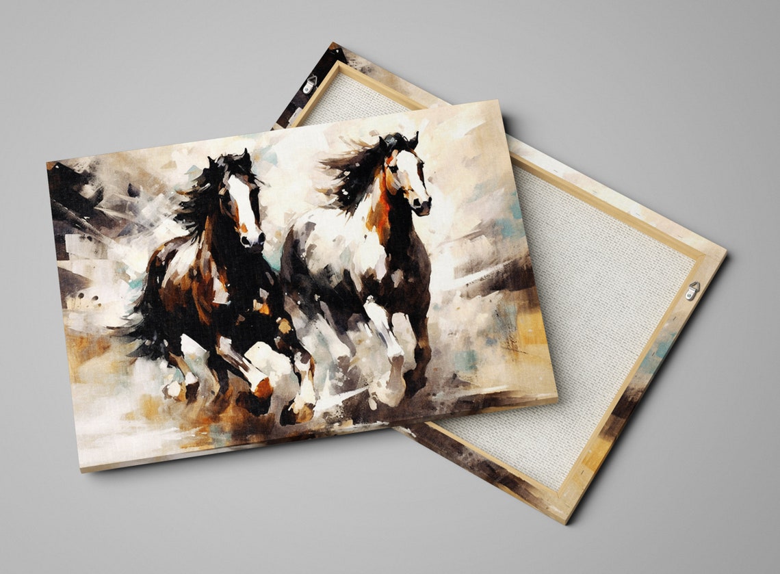 Dynamic Duo Galloping Horses Brown White Equestrian Art Poster - Image 4