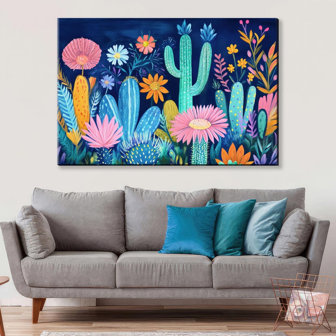 Bright Cacti And Flowers On Navy Blue Folk Pop Art Style Poster Print - Image 3