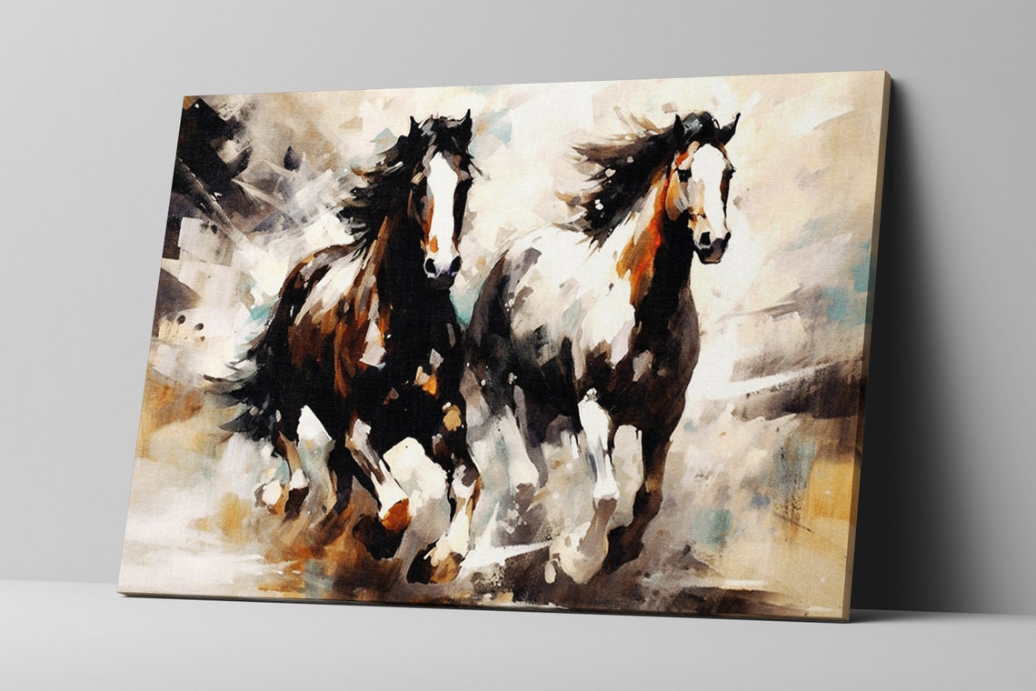 Dynamic Duo Galloping Horses Brown White Equestrian Art Poster - Image 5