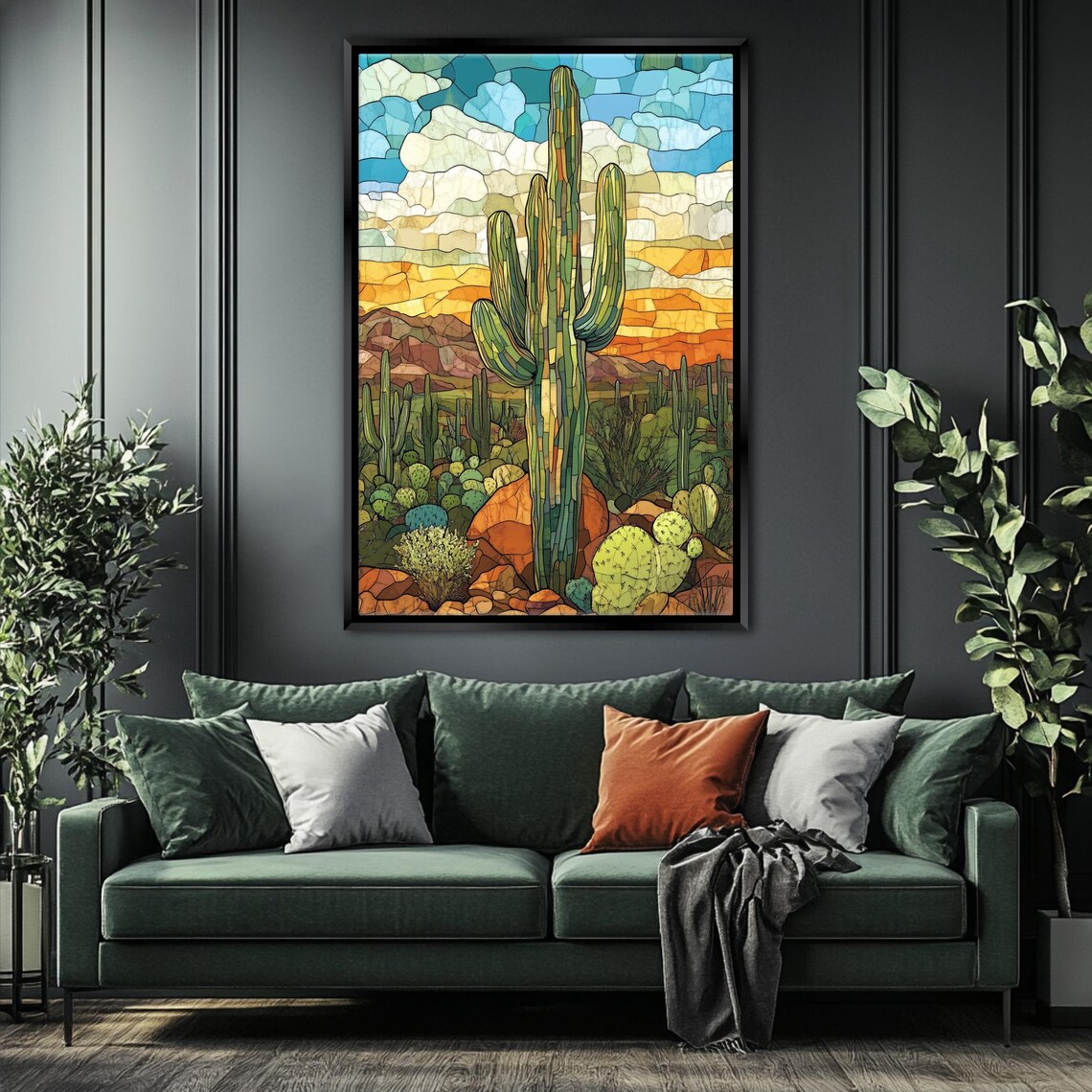 Saguaro Cactus Stained Glass Style Botanical Art Print