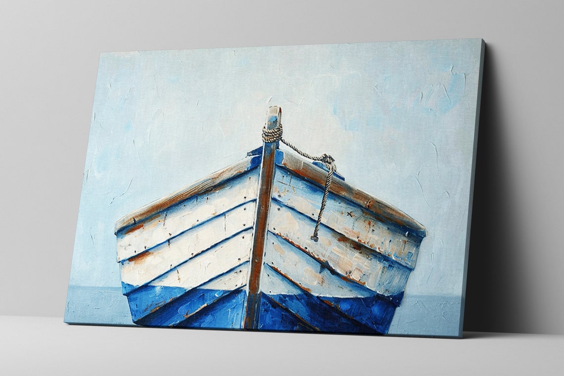Minimalist Blue White Wooden Boat Bow Pale Sky Coastal Wall Art - Image 5