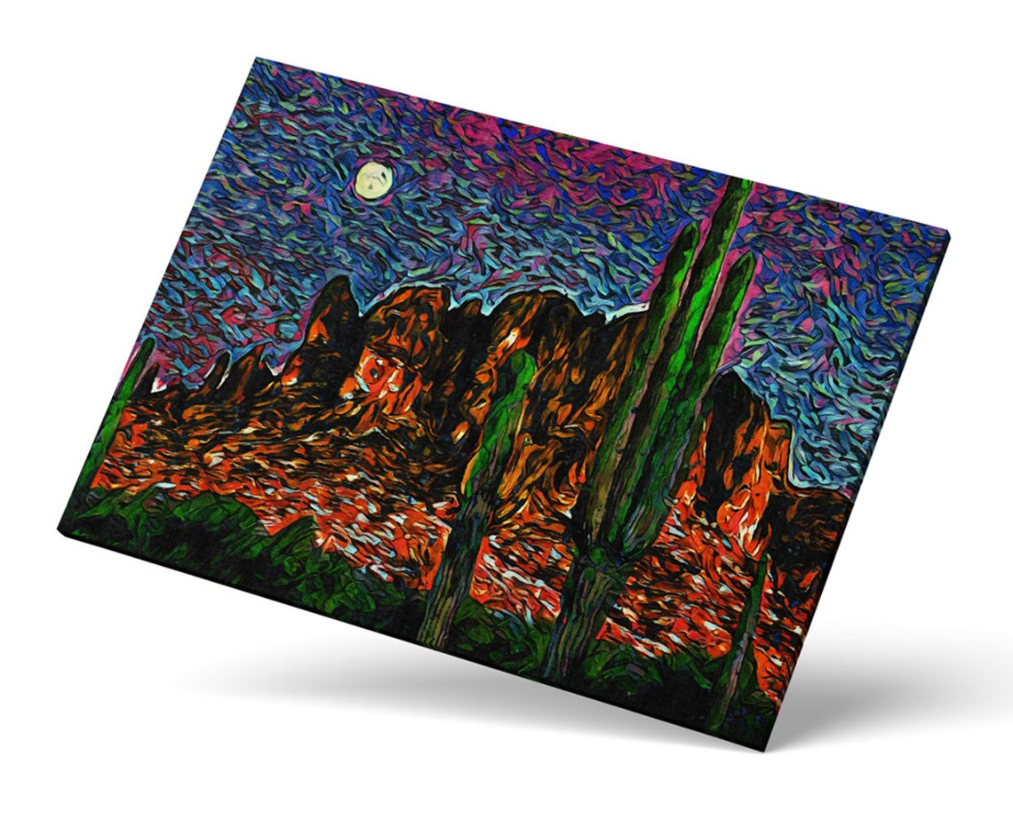 Arizona Desert Moonlit Saguaro Cactus Red Rock Mountains Art Poster