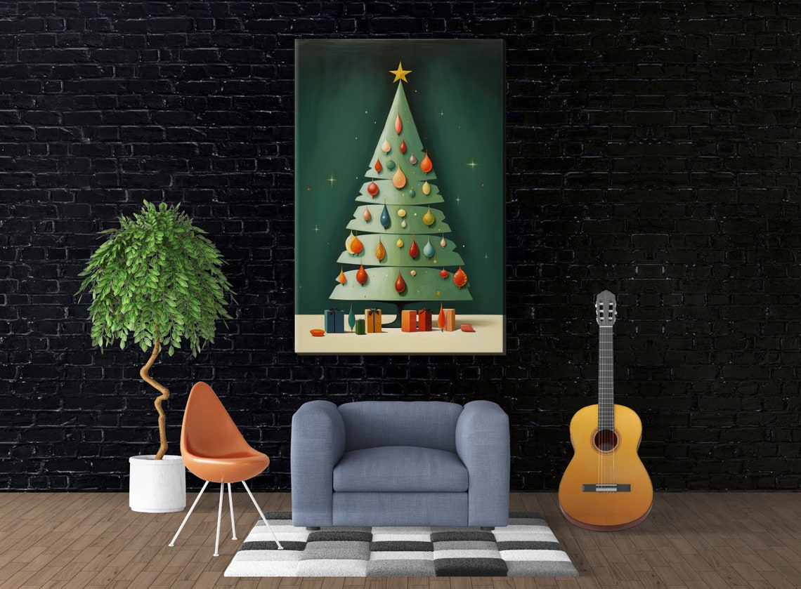 Retro Mid Century Christmas Tree Teardrop Ornaments Night Art Poster - Image 4