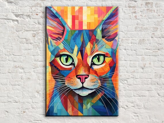 Geometric Cat Portrait Mosaic Stained Glass Style Green Eyes Art Print
