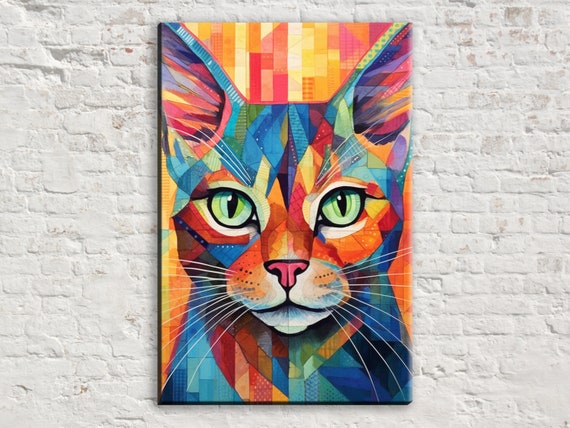 Geometric Cat Wall Art Print Abstract Cat Painting Large Wall Art Colorful Cat Portrait Pop Art