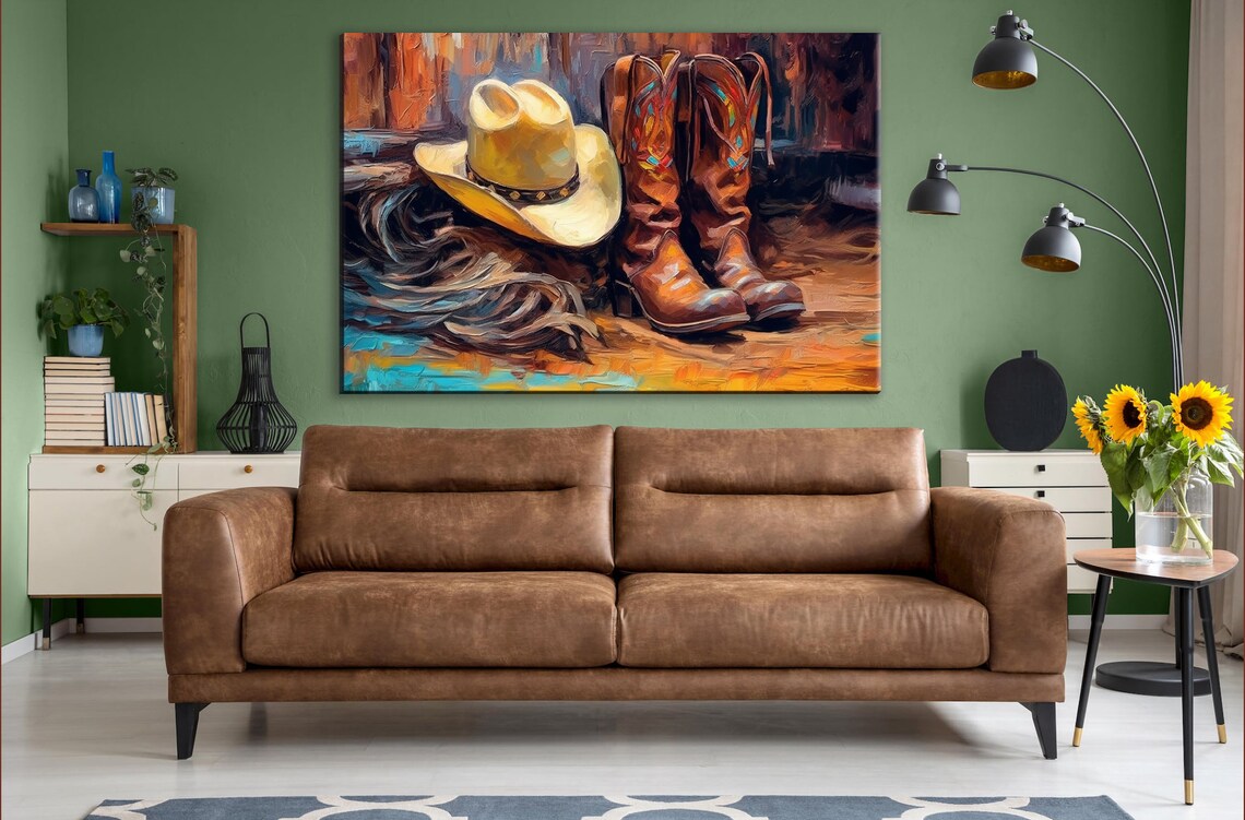 Texas Cowboy Boots and Hat Art Print, Western Decor - Image 2