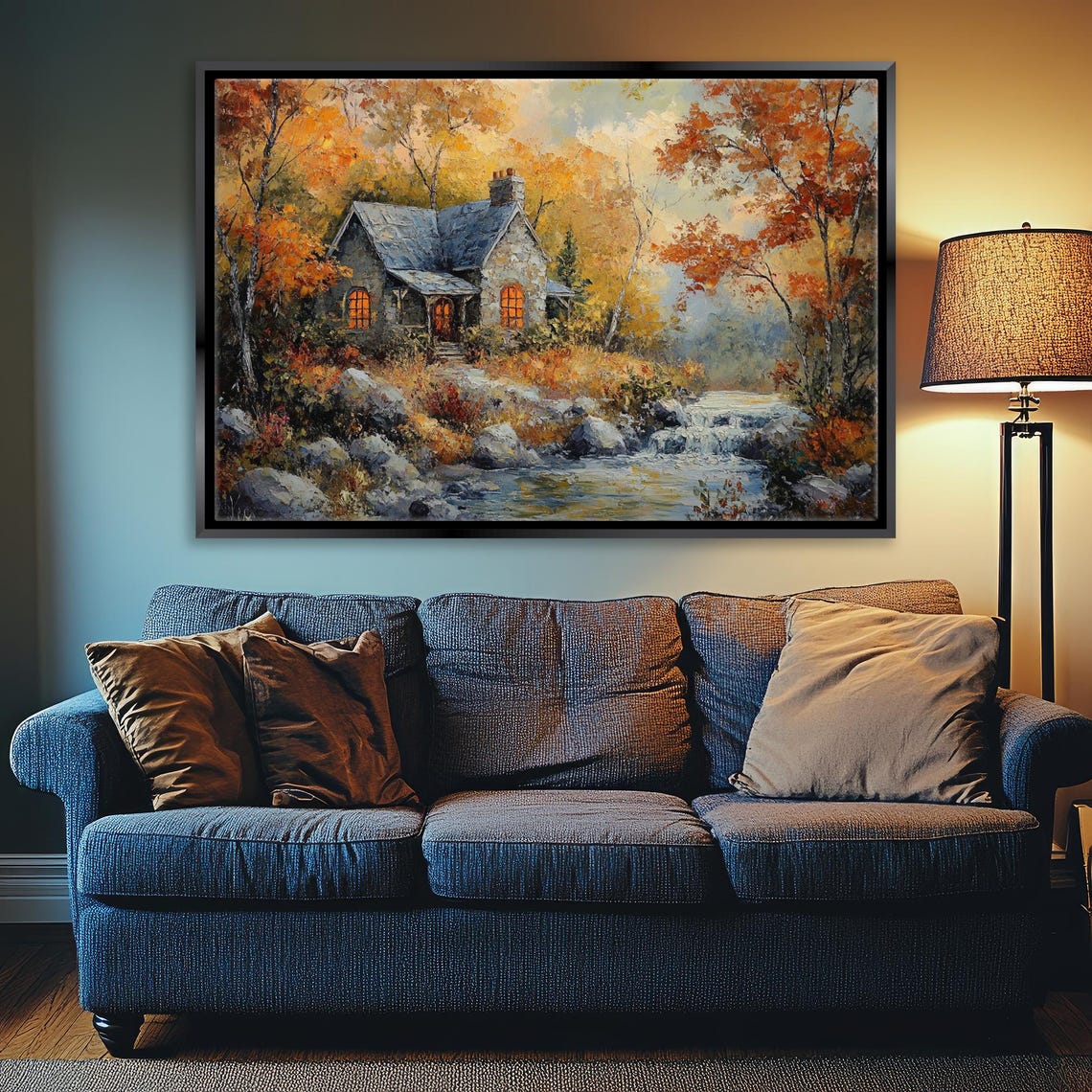 Quaint Stone Cottage Autumn Fall Landscape Stream Warm Glow Wall Art - Image 5