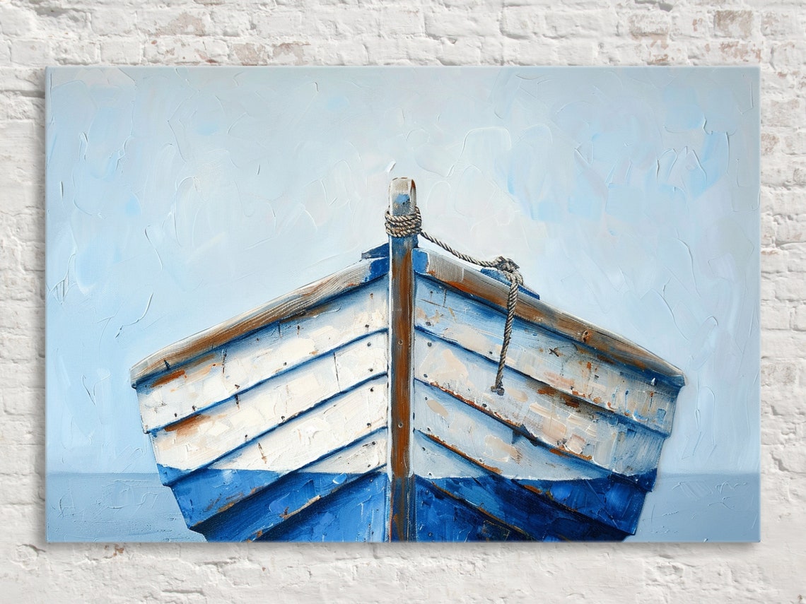 Minimalist Blue White Wooden Boat Bow Pale Sky Coastal Wall Art