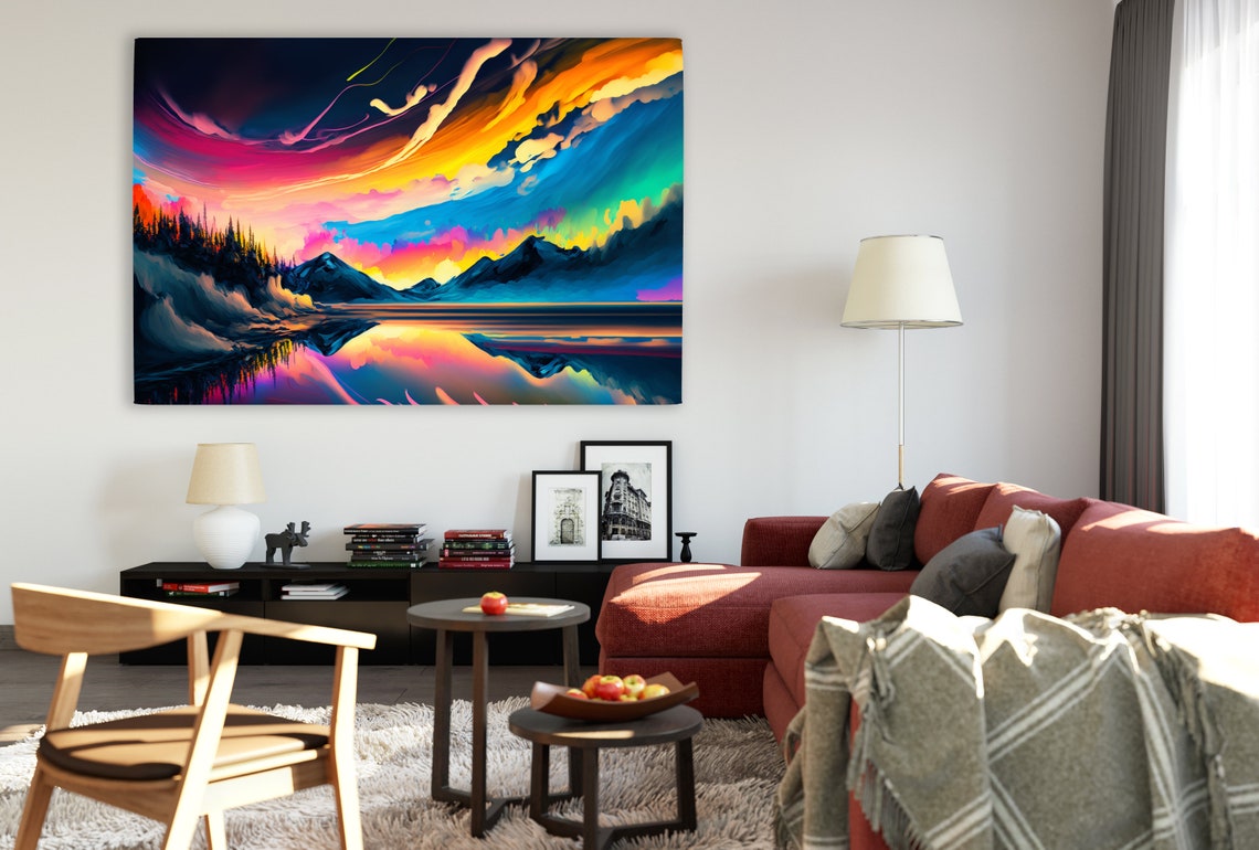 Aurora Borealis Vibrant Northern Lights Landscape Wall Art Celestial Nature Painting For Home Decor - Image 2