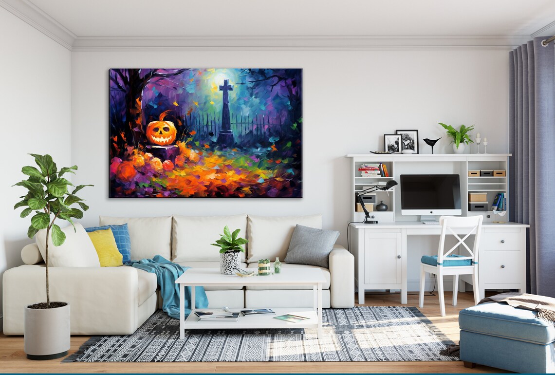 Grinning Jack-O-Lantern Moonlit Graveyard Autumn Night Oil Painting Print - Image 2