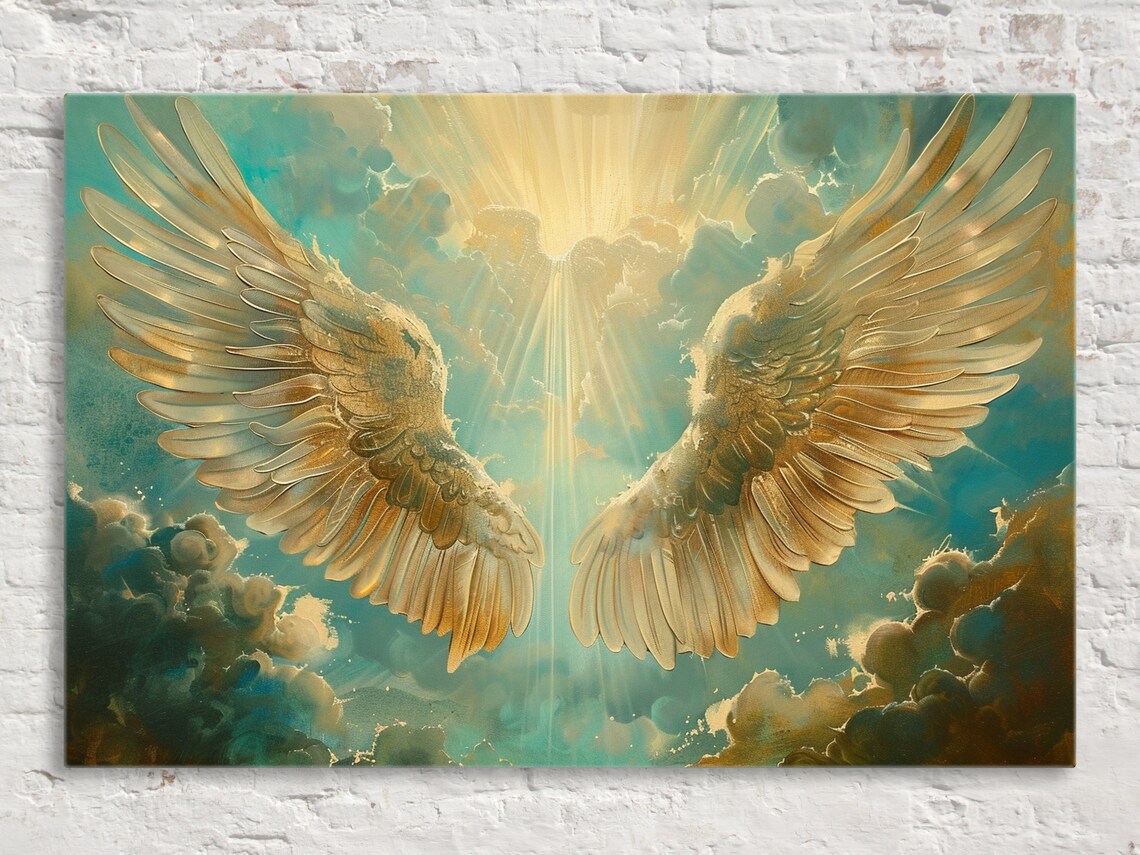 Golden Angel Wings Heavenly Sunbeam Teal Clouds Divine Art Poster