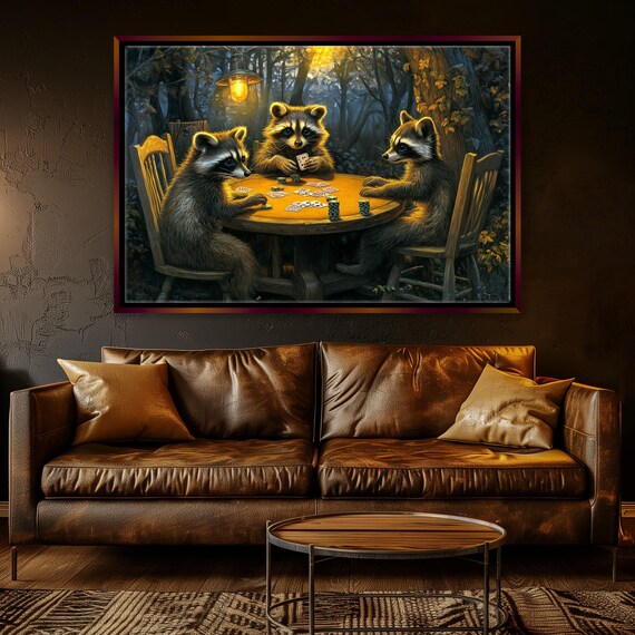 Raccoons Playing Poker Card Game Woodland Night Humorous Animals Art Print