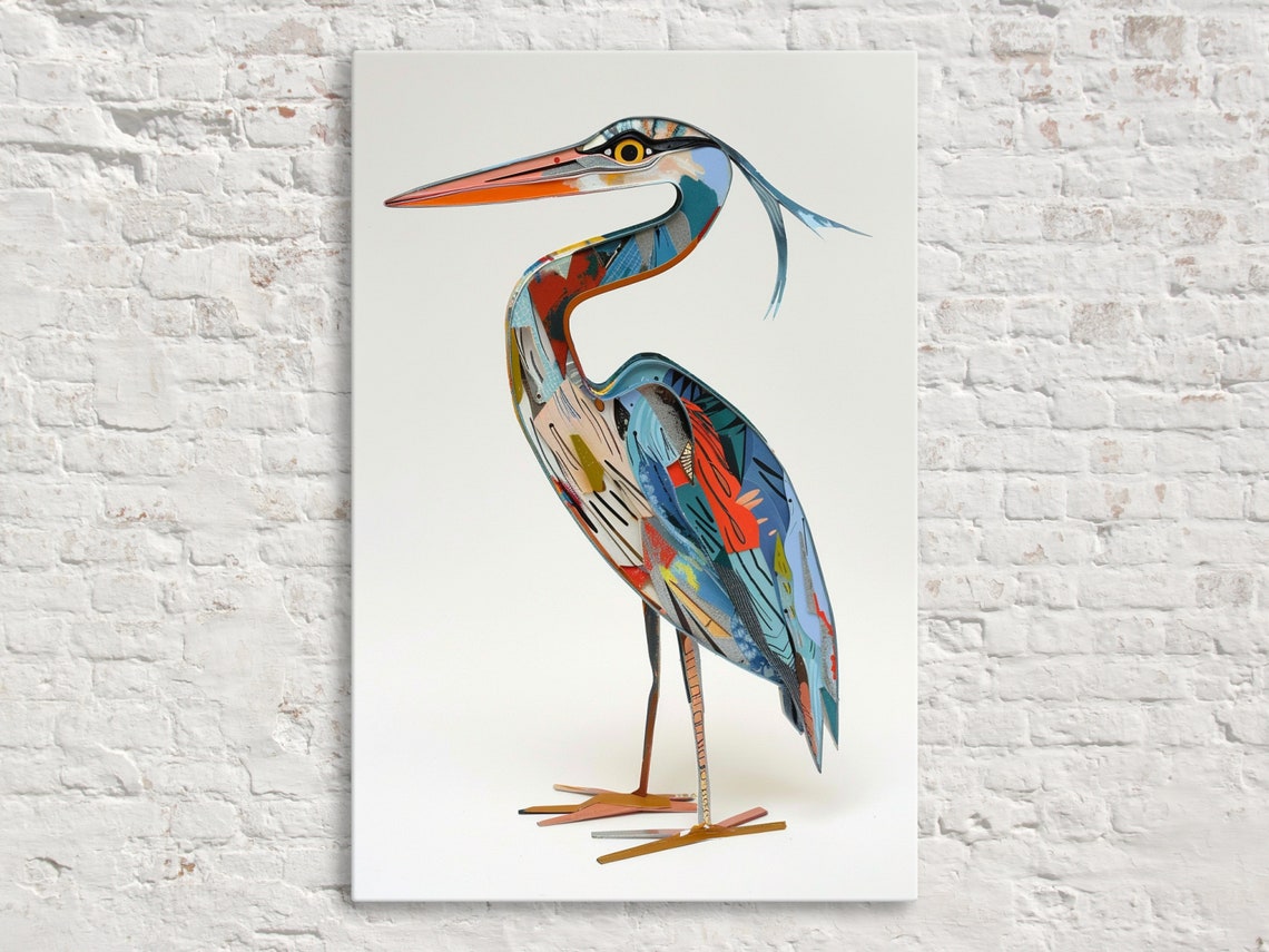 Abstract Collage Blue Heron Minimalist White Background Bird Poster