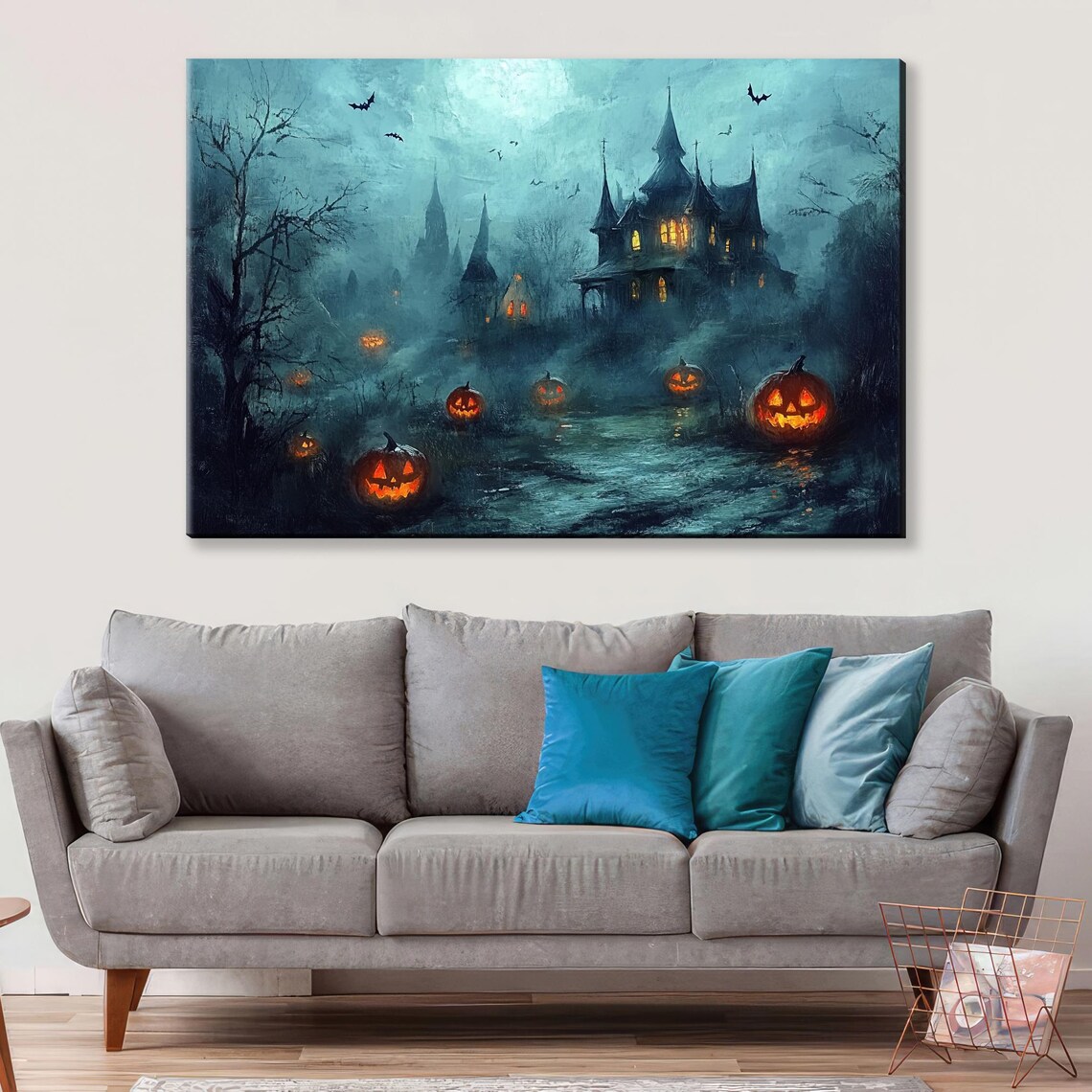 Spooky Haunted House Night Jack O Lanterns Moonlight Halloween Wall Art - Image 4